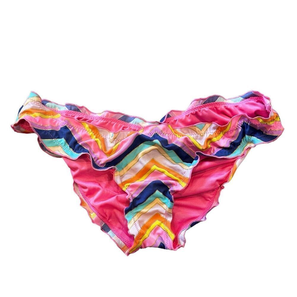 Victoria's Secret M pink blue rainbow foil‎ ruffle cheeky scrunch bikini bottom